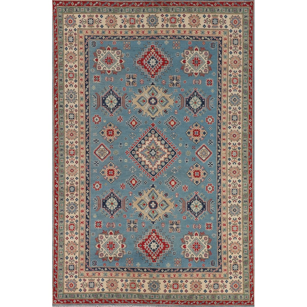 Light Blue Traditional Kazak Area Rug Handmade Wool Carpet - 6'8" x 9'6"