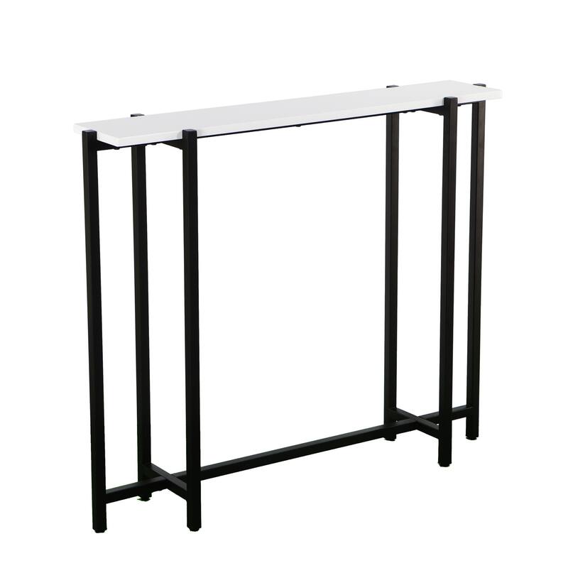 White Wood Black Metal Console Table Rectangular Frame Base Glossy - 36" L x 8" W x 29.75" H - White and Black