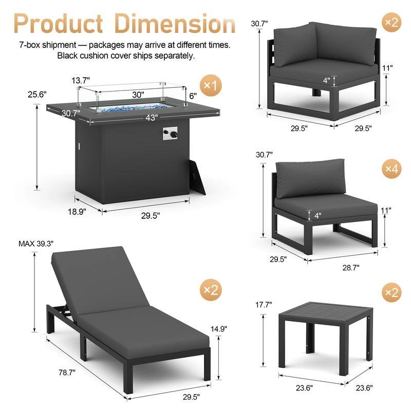 11-Piece Luxury Aluminum Outdoor Furniture Set with Chaise Lounge & Fire Pit Table, 29" Deep Seating Aluminum Patio Sectional