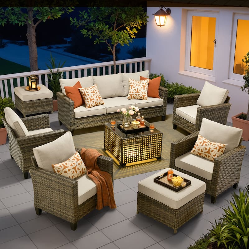 OVIOS 8 Pieces Outdoor Wicker Sectional Set With Solar-Powered CoffeeTable