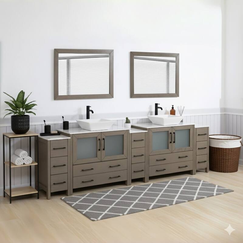 Vanity Art 108" Double Sink Bathroom Vanity Set with Engineered Marble Top and Free Mirrors