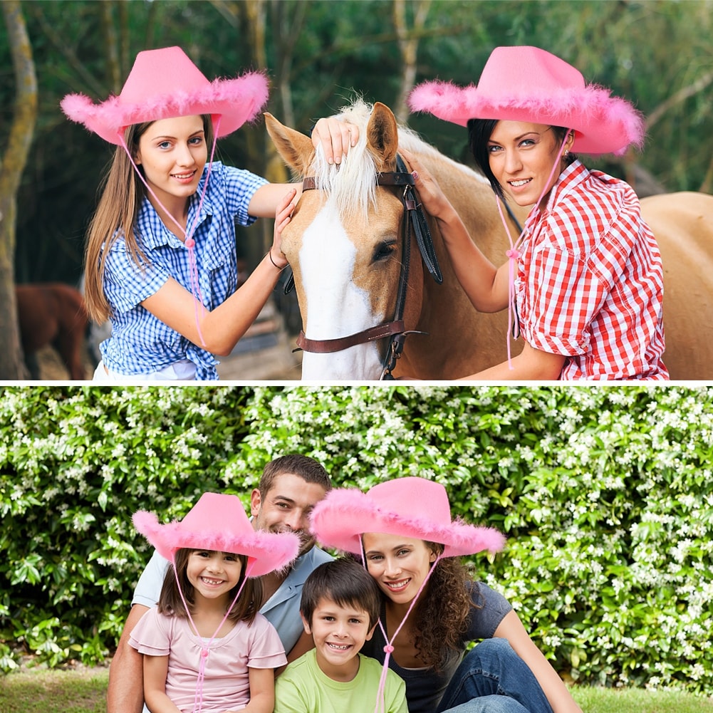 2pcs Pink Cowgirl Hat Western Cowboy Hats with String Women Kids for Bachelorette Costume Birthday Halloween Dress Up Party