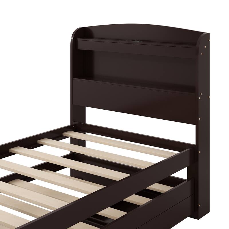 Twin XL Platform Bed with Storage, LED Headboard, Charging Station, Trundle, and Drawers, Dark Brown