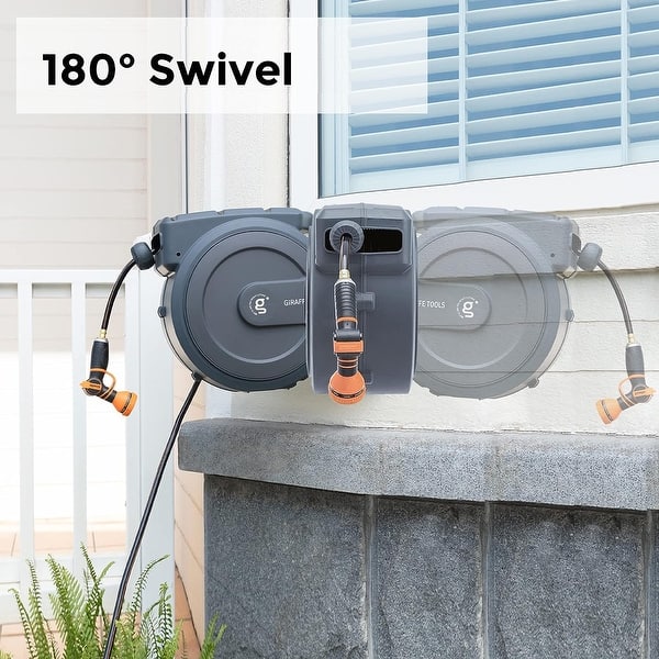 ECOMAX 100ft Retractable Garden Hose Reel With Wall Mount - 1/2in Hose, 9 Pattern Nozzle, Any Length Lock, 180° Swivel