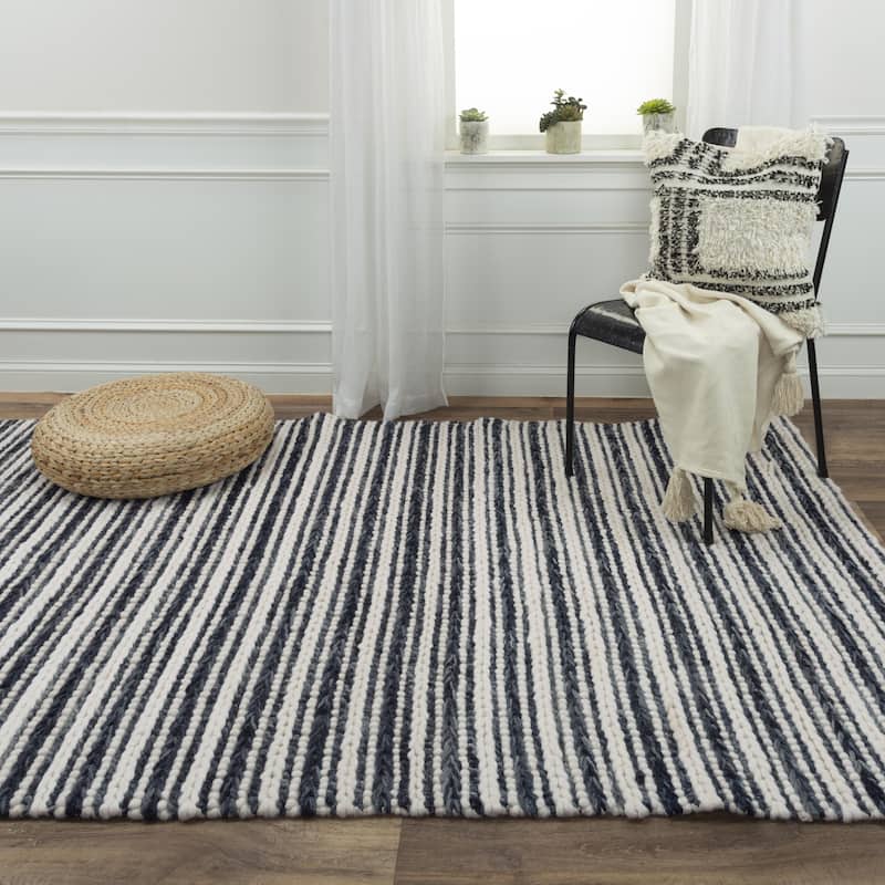 Alora Decor Kolkata Black and Ivory Stripe Hand-woven Wool Rug - 5' x 7'6"