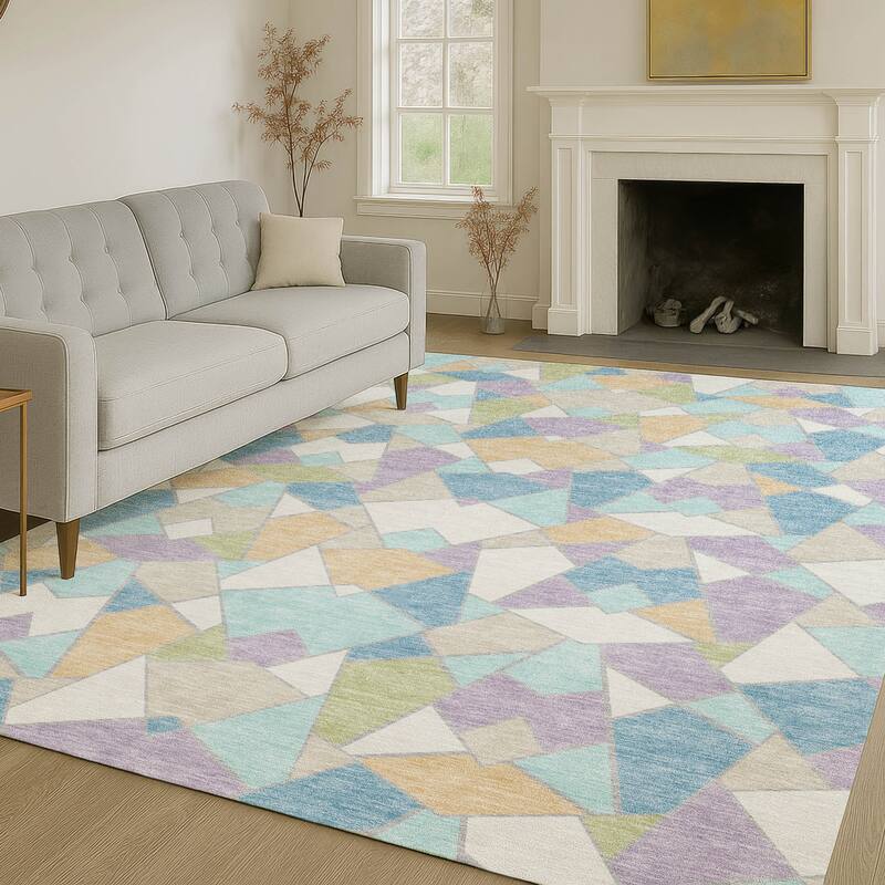 Machine Washable Indoor/ Outdoor Modern Mosaic Chantille Rug