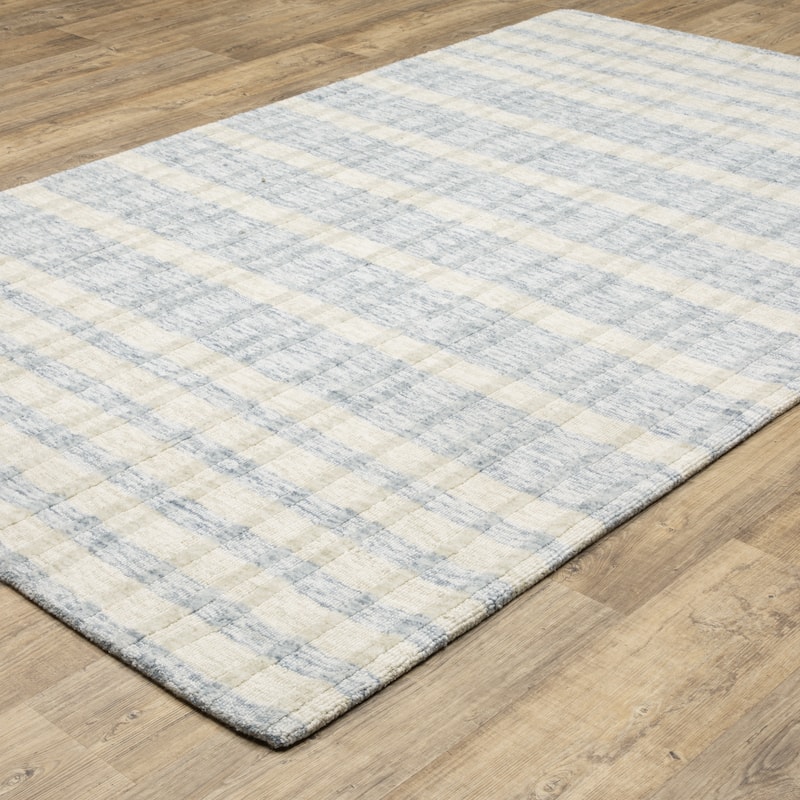 Thalia Scandinavian Textured Stripes Beige/ Blue PET Yarn Area Rug