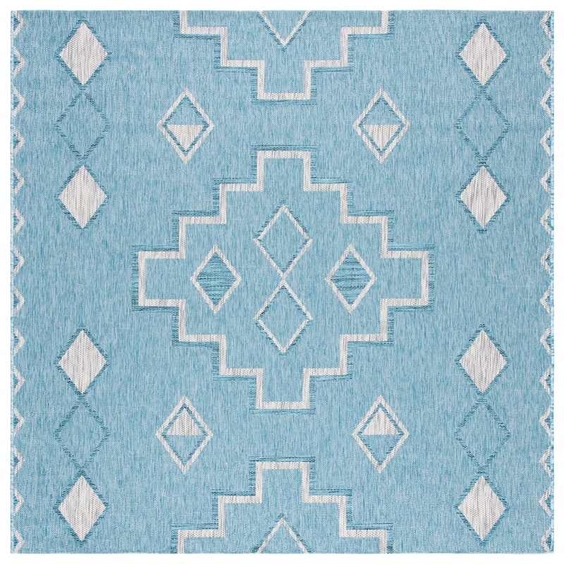 SAFAVIEH Courtyard Cemre Indoor/ Outdoor Waterproof Patio Backyard Rug - 6'7" Square - Aqua/Grey