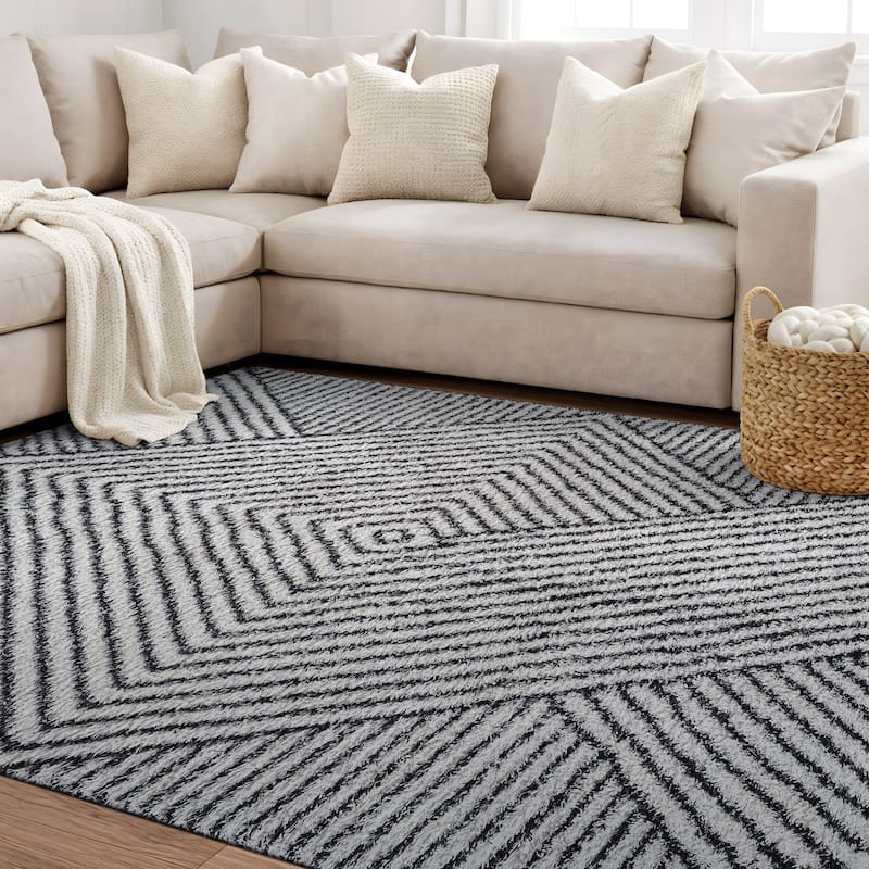 Minimal Stripe Geometric Shag Rug - Anthracite Dark Gray - Medium Pile - Cozy & Modern