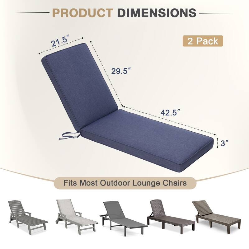 Aoodor Patio Chaise Lounger Cushions Set of 2, Olefin Fabric, Water-Resistant, 72x21x3 Inches(Only Cushions)