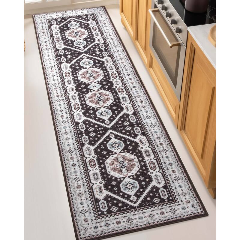 Well Woven Kings Court Kama Tribal Medallion Washable Low Pile Rug - 2'7" x 9'10" Runner - Black