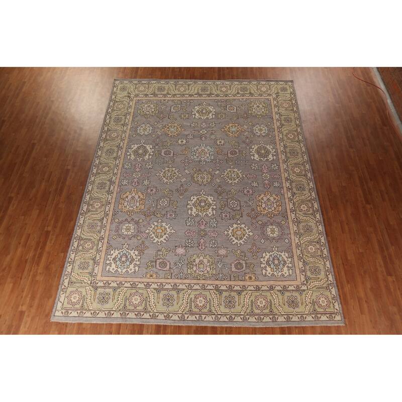 Vegetable Dye Oushak Turkish Large Rug Hand-Knotted Grey Wool Carpet - 10'5"x 13'8"