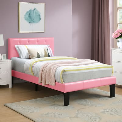 Faux Leather Upholstered Twin size Bed With tufted Headboard Pink