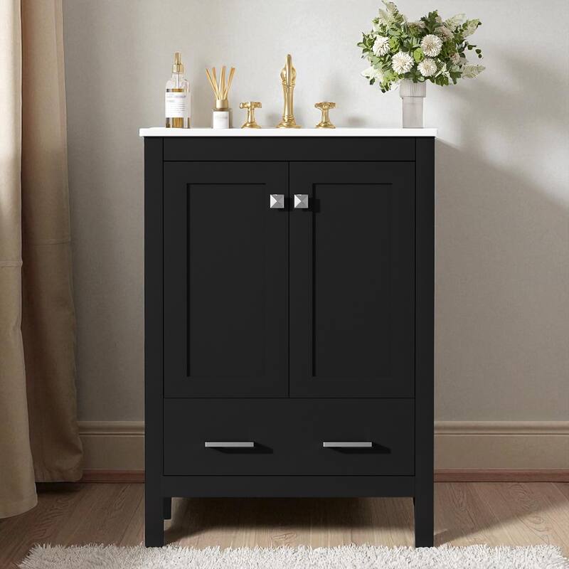 24" Bathroom Vanity with Ceramic Undermount Sink, 2 Doors, 1 Drawer, Soft-Close, Adjustable Shelf - Black
