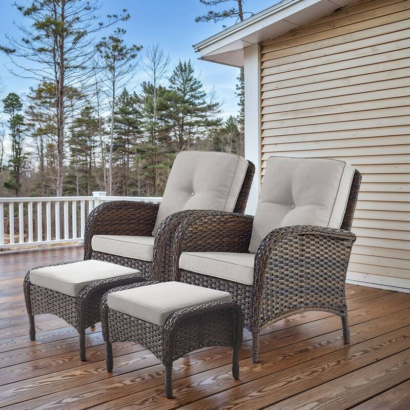 Patio Wicker Patio Chairs with Ottomans Set of 4 - Brown - Blue
