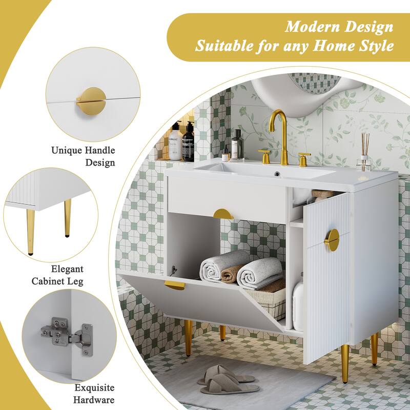 36" Bathroom Vanity with Resin Basin Sink Modern Sink Storage Cabinet with Soft-Closing Door and Drop-Down Door