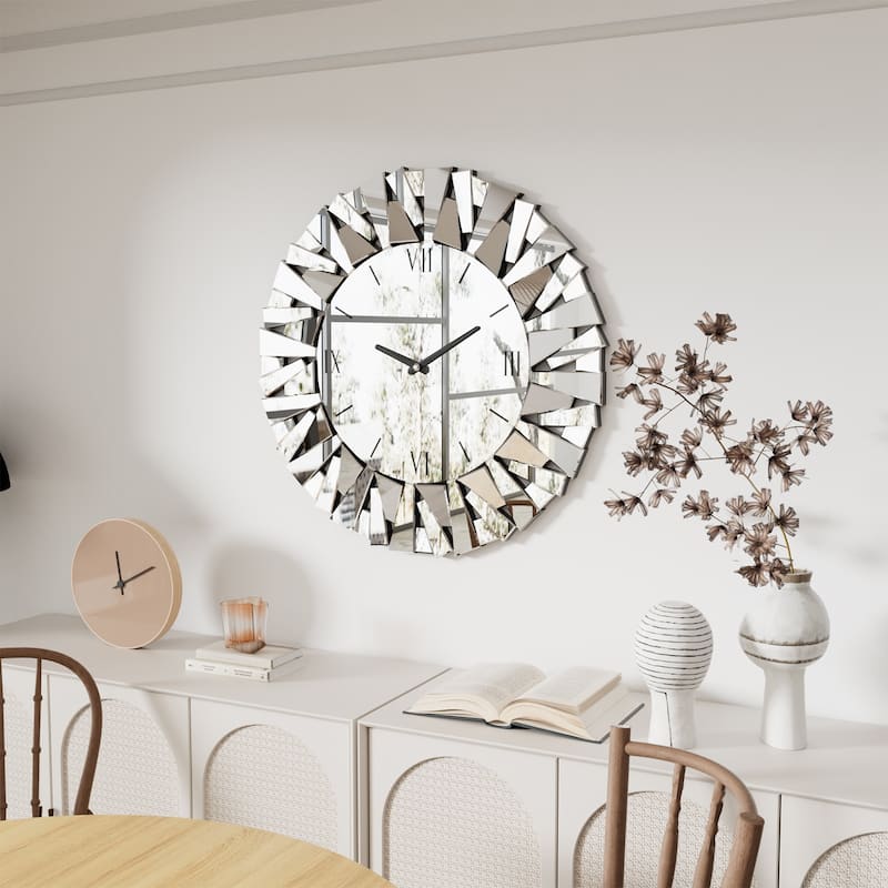 Round Sunburst Glass Mirror with Wall Clock - 31.49" Dia