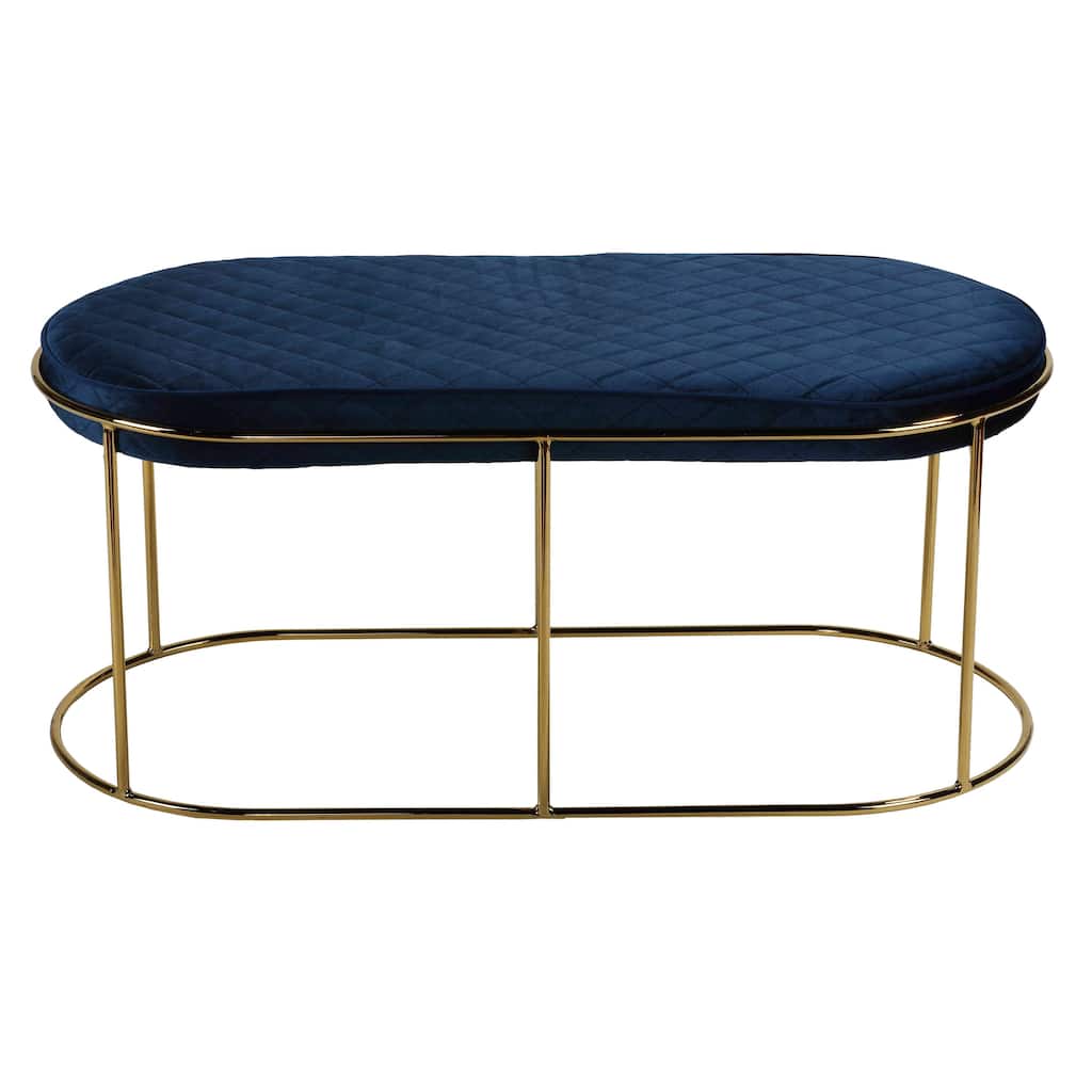 Cortesi Home Ludlow Bench Ottoman in Blue Velvet and Brushed Gold