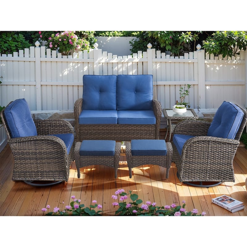 Outdoor Wicker Patio Glider Sofa, Swivel Chair with Ottoman - Brown - Blue - Brown