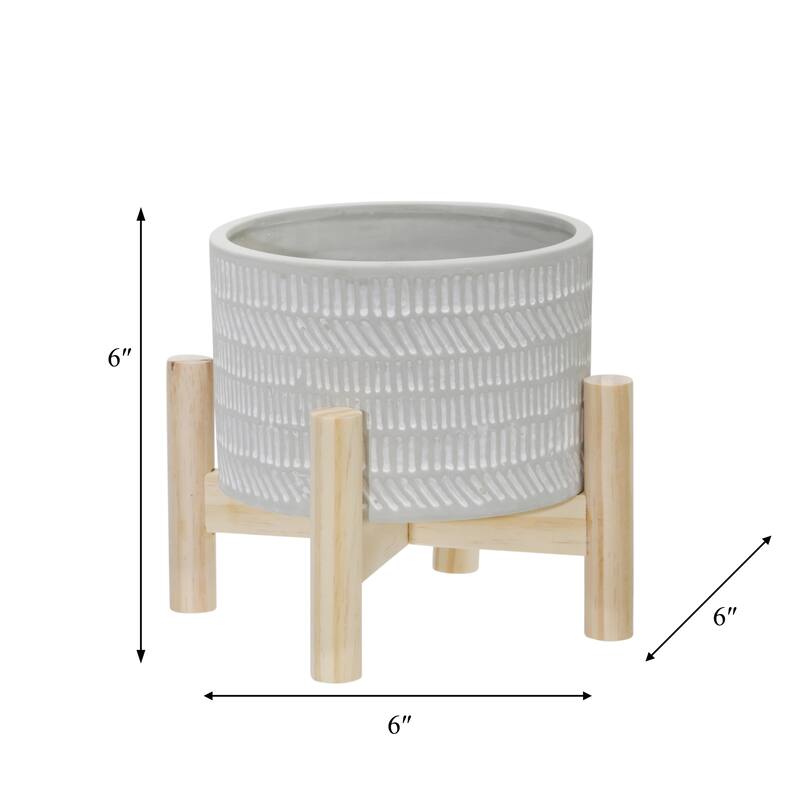 Sagebrook Home Neutral Ceramic Ivory Line Design Planter on Wooden Stand