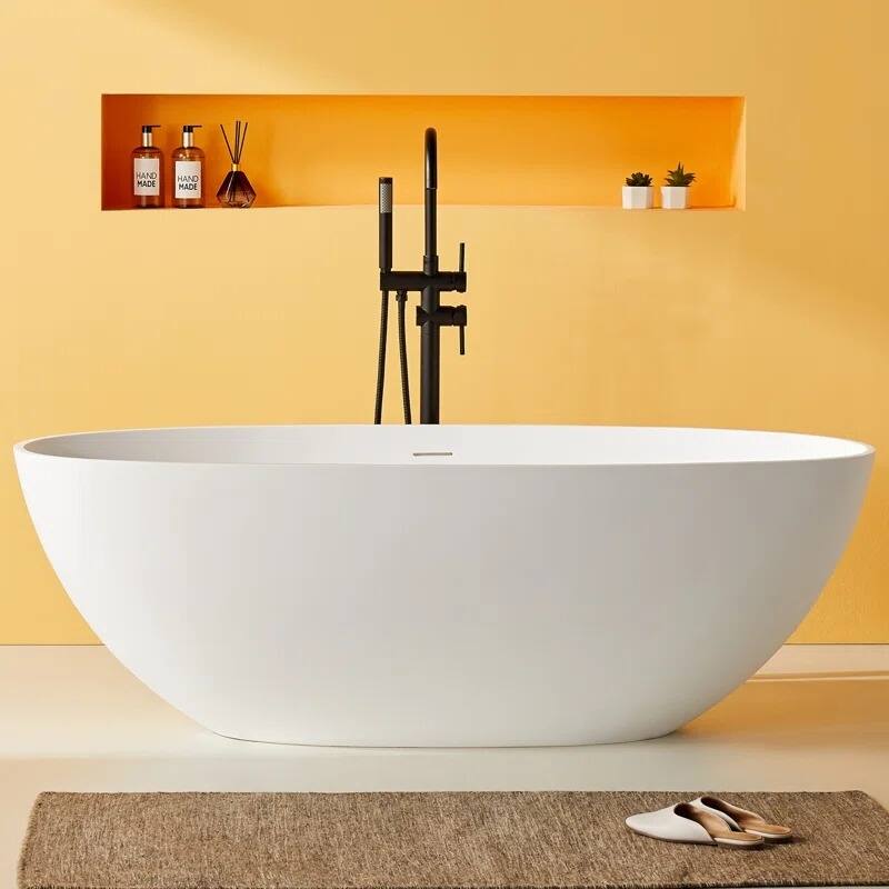 ABRUZZO 65" Freestanding Soaking Solid Surface Bathtub with Overflow and Pop-up Drain - 65" - Matte White