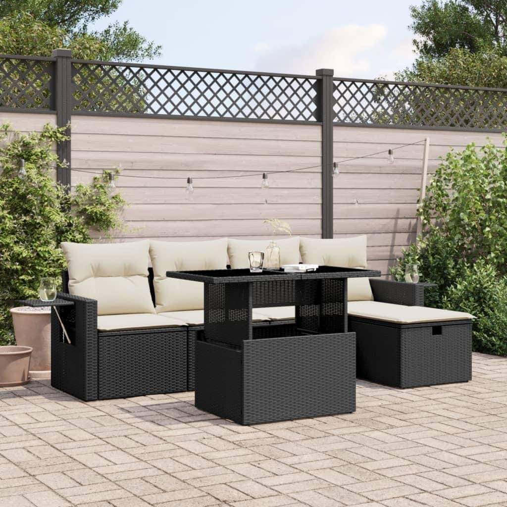 vidaXL Patio Sofa Set with Cushions Outdoor Furniture 6 Piece Poly Rattan - 21.7 x 39.4 x 28.7 in