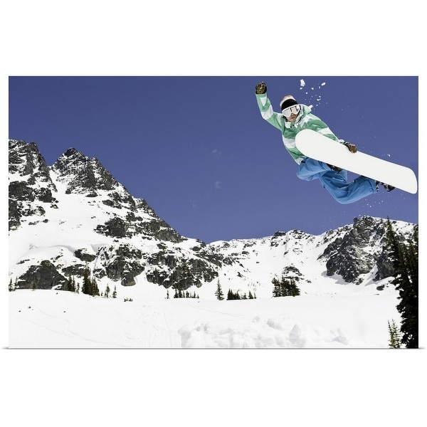 "male snowboarder jumping in air" Poster Print