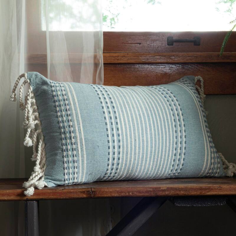 Foreside Home & Garden Blue Hand Woven 14 x 22 inch Decorative Cotton Throw Pillow Cover with Insert and Hand Tied Tassels