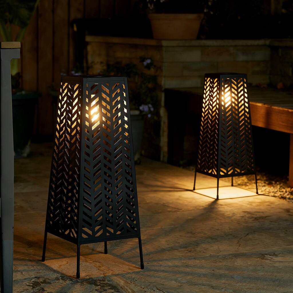 Glitzhome Set of 2 21.5"H Metal Geometric Solar Lighted Floor Lantern with Edison Bulb - 8.50"L X 8.50"W X 21.50"H