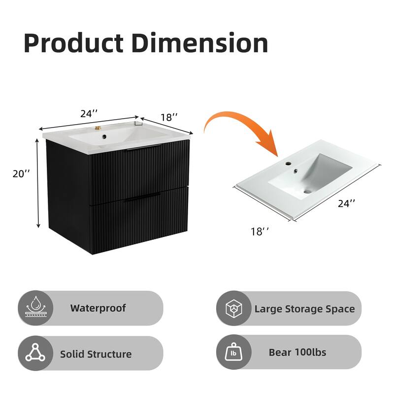 24 Inch Floating Bathroom Vanity with Ceramic Sink, Wall Mounted Modern Fluted Cabinet with 2 Drawers