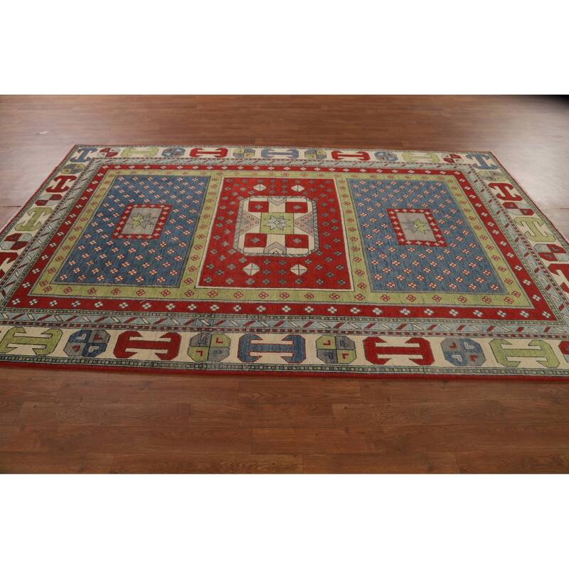 Geometric Kazak Area Rug Hand-Knotted Multi-Color Wool Carpet - 5'11" x 9'2"