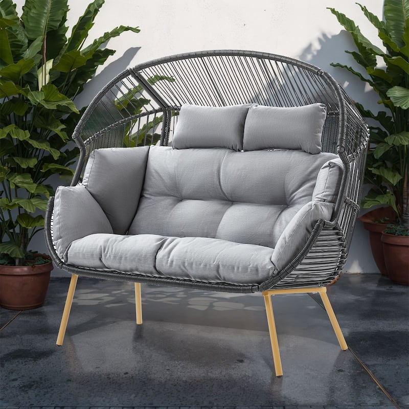 Pocassy Outdoor Egg Chair Garden Funiture - Dark Grey & Light Grey Cushion - 1PC Double Egg Chair