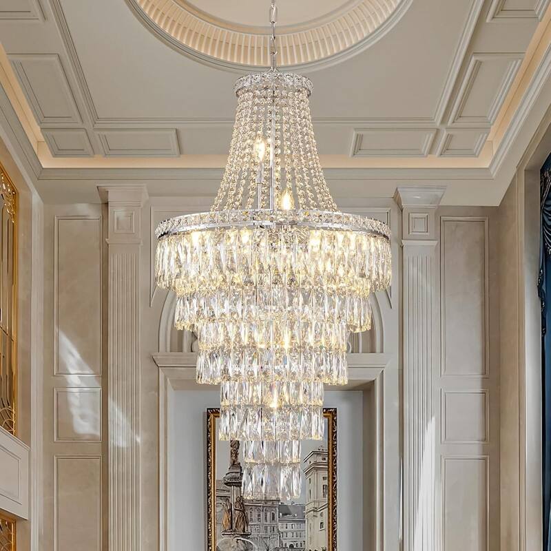 KAYLA High Ceiling Chandelier 13-Light Gold Modern Crystal Chandeliers Pendant Light Foyer Chandelier Fixtures - 550 - Sliver