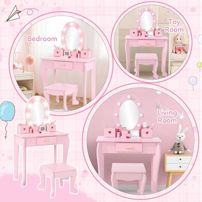 Toddler Lighted Mirror Vanity and Stool, Makeup Play Table for Girls Best Gift