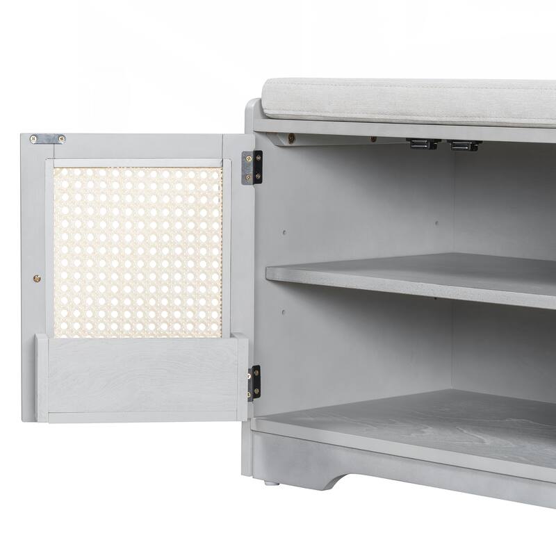 Rustic Storage Bench Multifunctional Wood Entryway Shoe Bench with Removable Cushion, Woven Rattan Doors & Adjustable Shelves