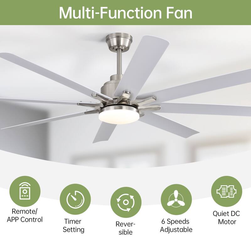 52 Inch/66 Inch/72 Inch Modern Ceiling Fan with Dimmable LED Light ,Remote&APP Control,8 Blades for Large Living Room,Porch
