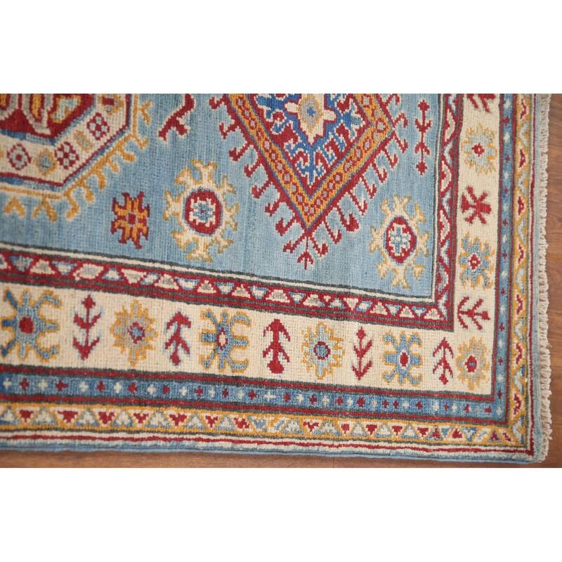 Hand Knotted Oriental 100% Wool Carpet Traditional Geometric Navy Blue & Blues Kazak Runner Rug - 9' 0'' X 2' 9''