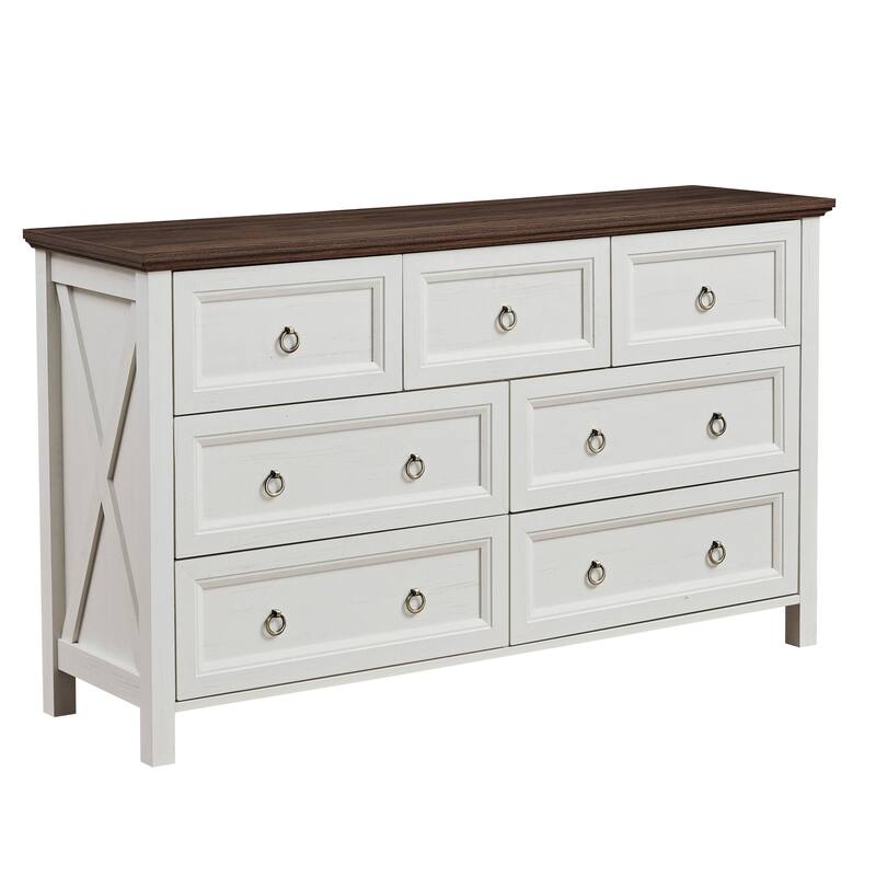 Anmytek White and Walnut 8 Drawer Dresser Chest for Bedroom - Farmhouse Organizer Storage - Walnut