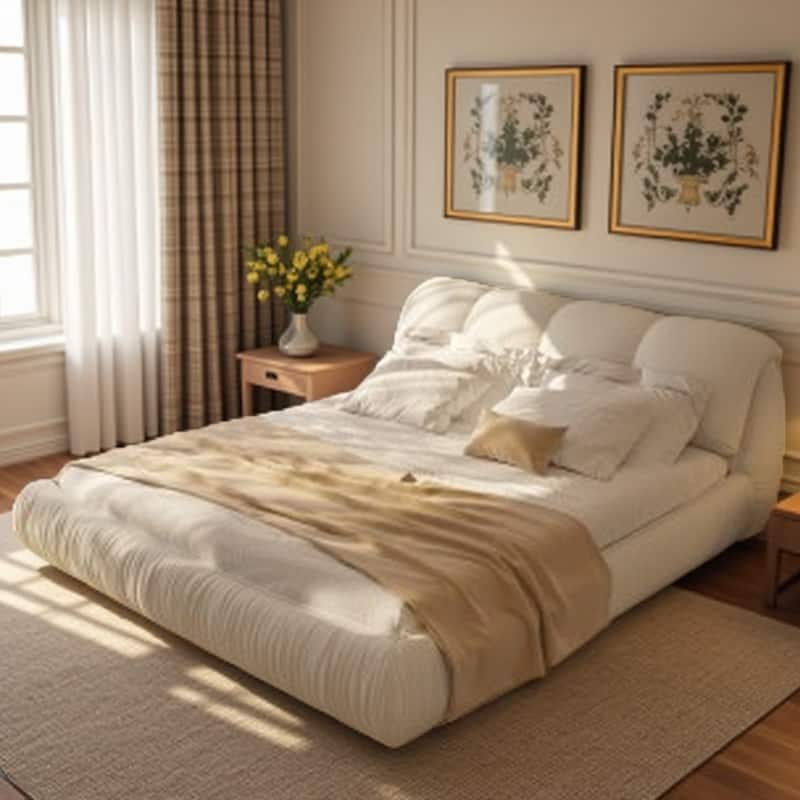 King Size Upholstered Bed Frame with Extra-Wide Cushioned Headboard, Solid Pine Slats & Adjustable Mattress Height - King Beige - King