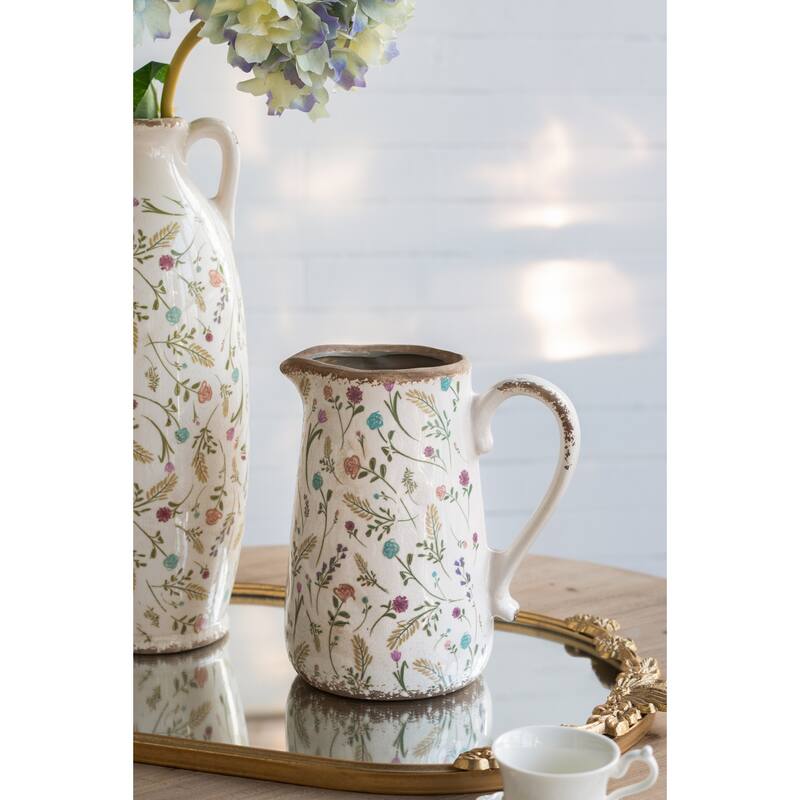 8.1x5.7x9.1" Round Ceramic Pitcher Vase with Multi-Colored Floral Motifs