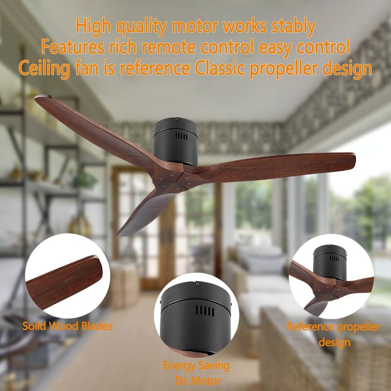 52In. Farmhouse Indoor Flush Mount Low Profile Ceiling Fan with Solid Wood Blades - 52 INCHES