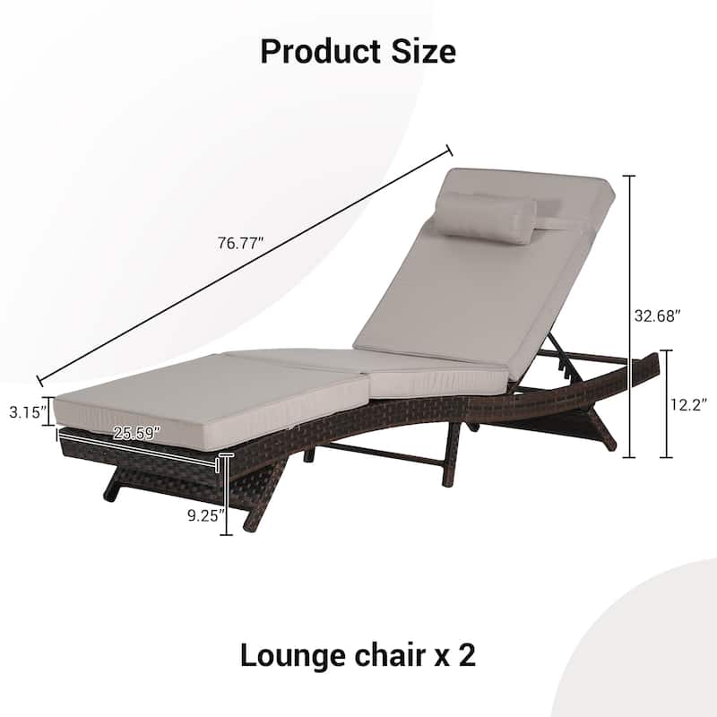 2 Piece Outdoor Wicker Long Reclining Chair Set, Sunbathing Recliner for Beach Poolside Garden