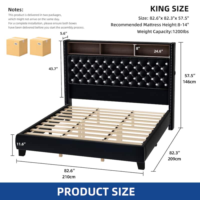 Moasis King Size Velvet Upholstered Bed Frame with Storage Headboard with USB Charging Stations