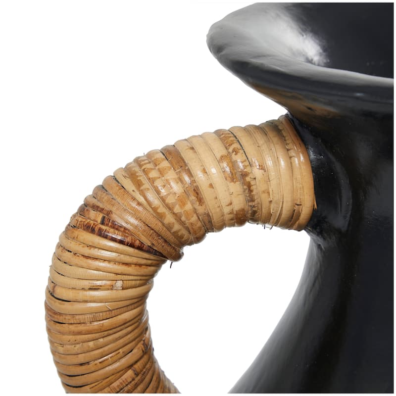 Modern Black Ceramic Jug Inspired Vase with Rattan Wrapped Handles
