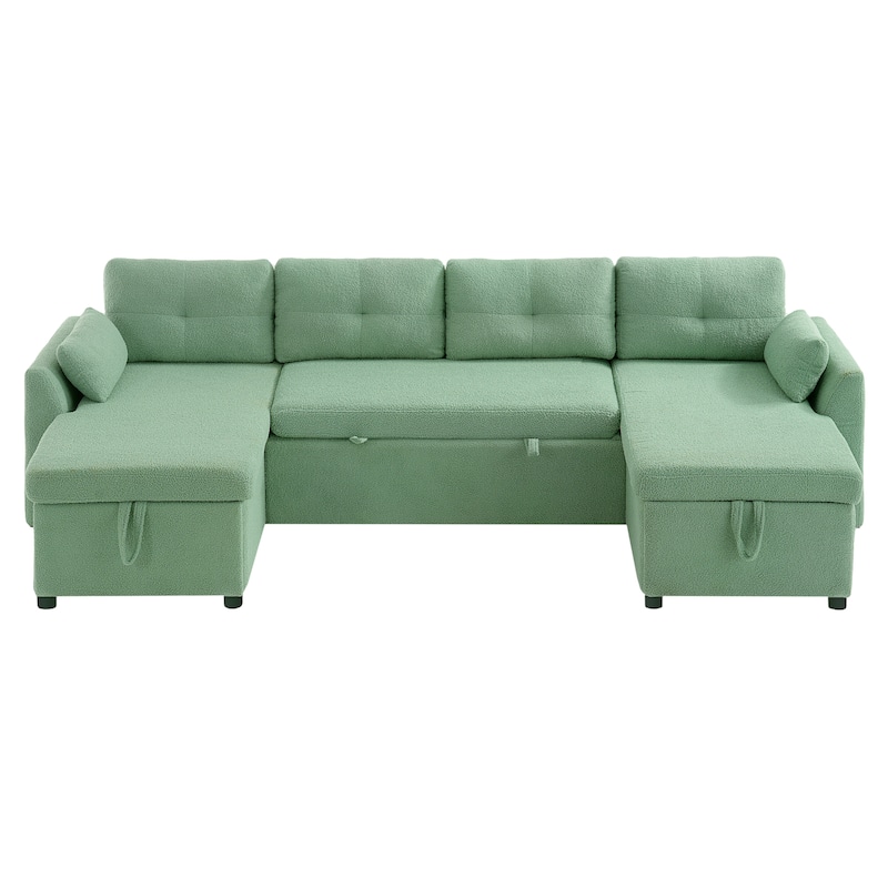 Teddy Fabric Sectional Sofa Convertible Sleeper Sofa Modern U-Shaped Couch Dual Storage Chaise Lounge with Pockets and USB Ports