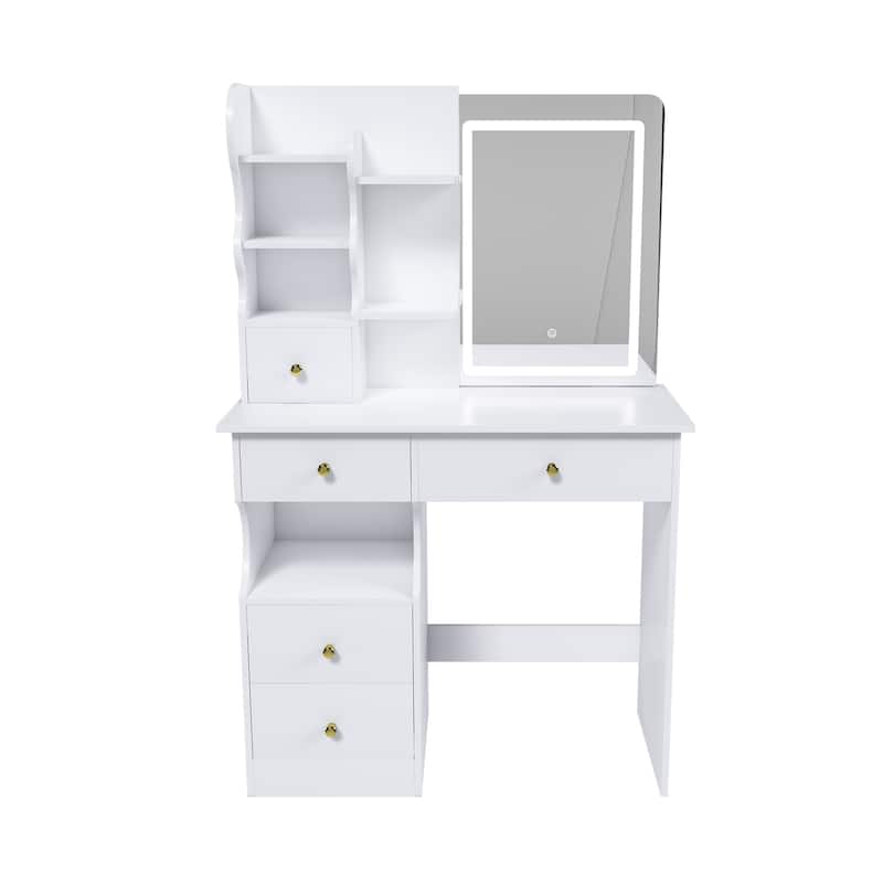 White Makeup Vanity Desk with HD LED Lighted Retractable Mirror Drawers and Open Shelves for Bedroom and Small Spaces - White