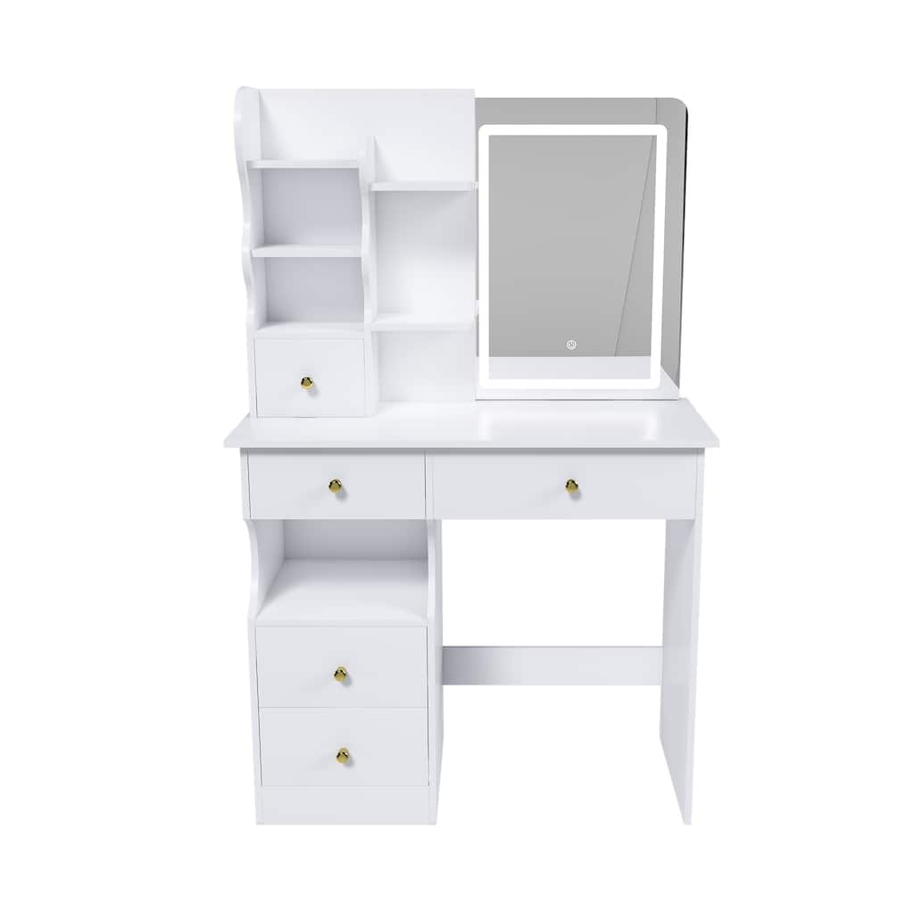 White Makeup Vanity Desk with HD LED Lighted Retractable Mirror Drawers and Open Shelves for Bedroom and Small Spaces
