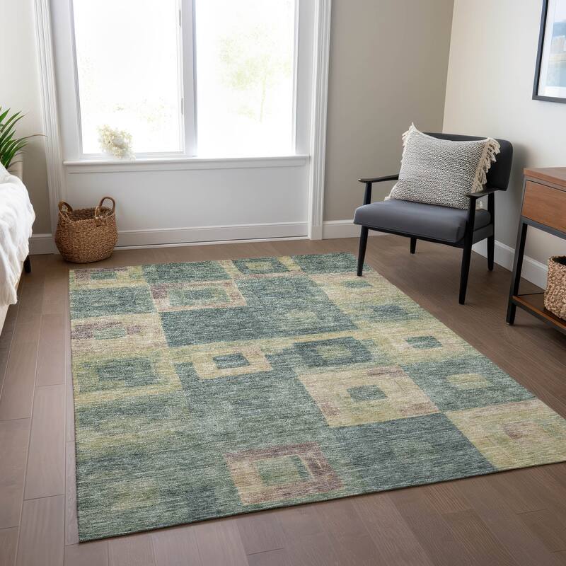 Machine Washable Indoor/ Outdoor Contemporary Blocks Chantille Rug