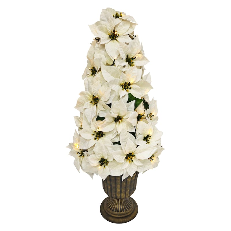 Puleo International 36" Pre-Lit Battery-Operated Artificial Potted White Poinsettias