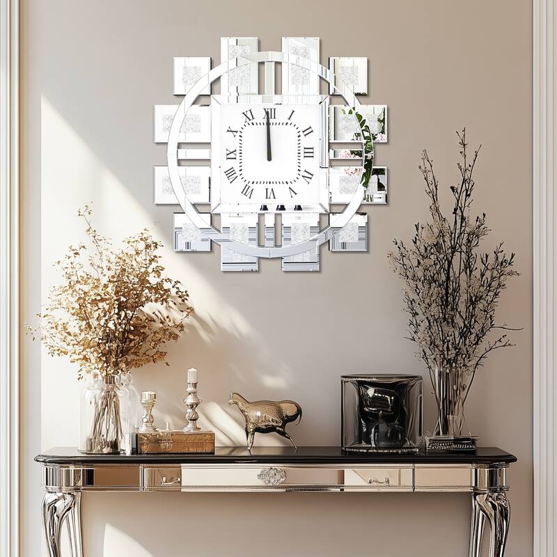 Gold/Silver Irregular Luxury Mirrored Wall Clock w/Crushed Diamond Inlay - 23.62x23.62 inch